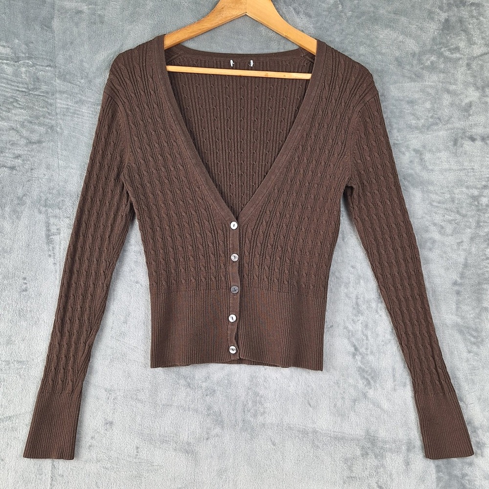 Womens Cardigan Medium Brown Y2K Cable Knit Crop Ribbed Twee Preppy Academia